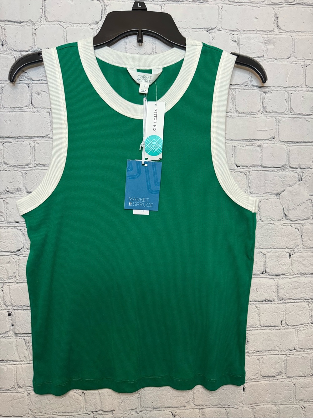 Market & Spruce Molli Ribbed High Neck Tank Green with White Trim Size XL NWT